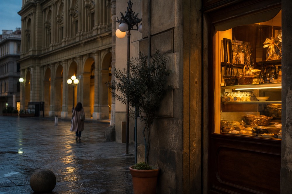 A Florence street corner in the evening with warm light on stone buildings and a small food shop window