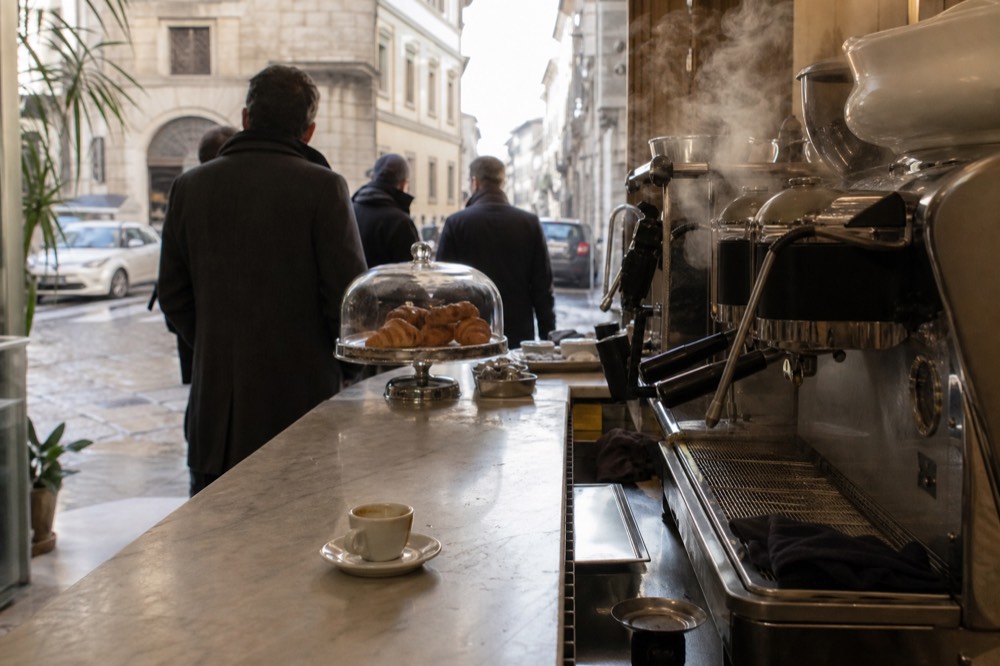 Marble counter of a Florentine coffee bar with an espresso machine and pastries under glass