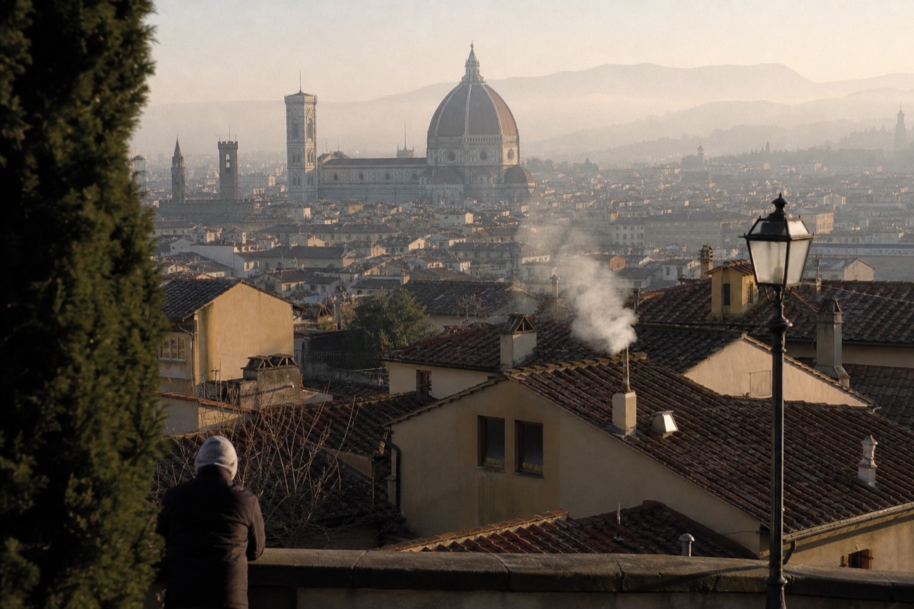 Morning light over Florence rooftops with the dome of the cathedral rising above the historic centre