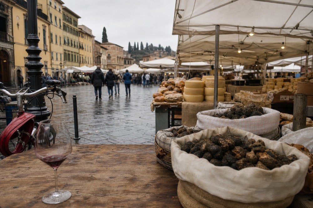 Market stalls with truffles, cheese and bread under a canopy in an Italian piazza