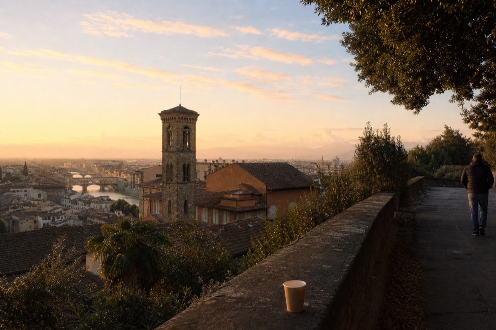 Evening view of Florence rooftops and a bell tower at sunset