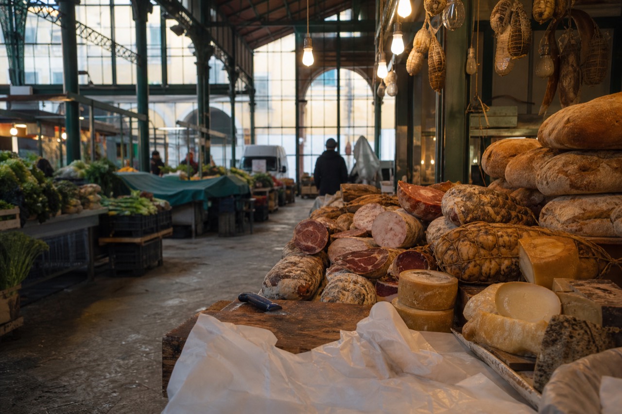 A Florentine food stall with cured meats, cheese and bread under warm market lights