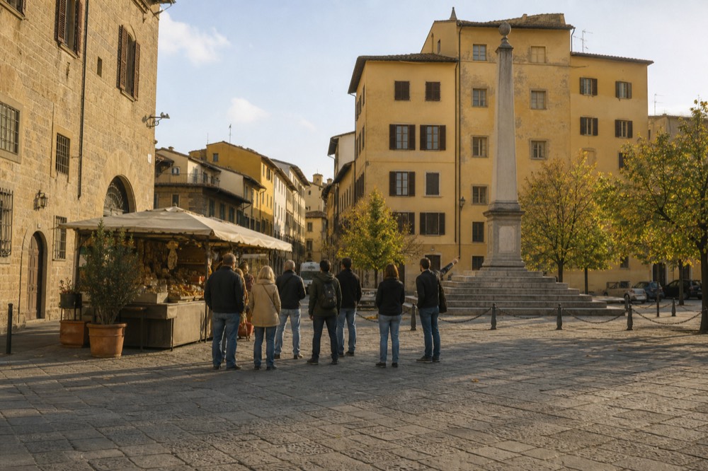 A guide speaking to a small group at an outdoor food stall in central Florence