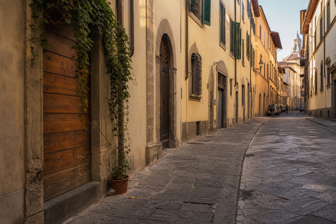 Empty Florentine street with stone buildings and morning light on shutters