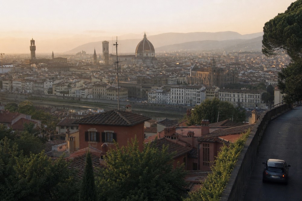 Florence rooftop skyline with the Duomo dome at golden hour