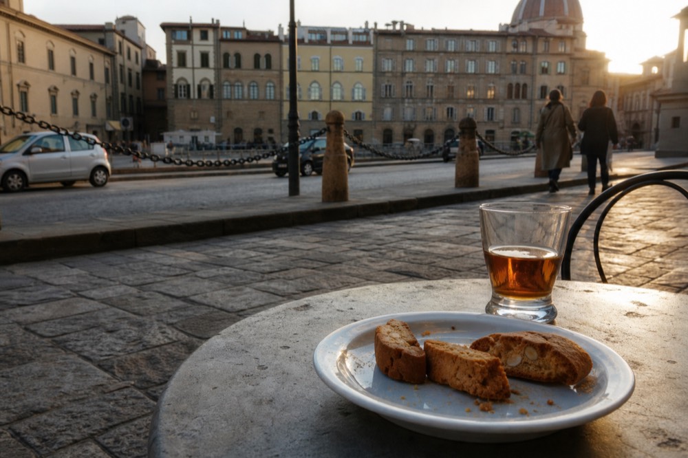 A tray of Tuscan cantucci biscuits beside a small glass of amber Vin Santo wine