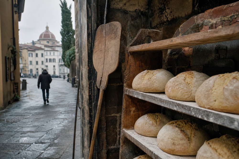 Rustic loaves of unsalted Tuscan bread stacked on a bakery shelf