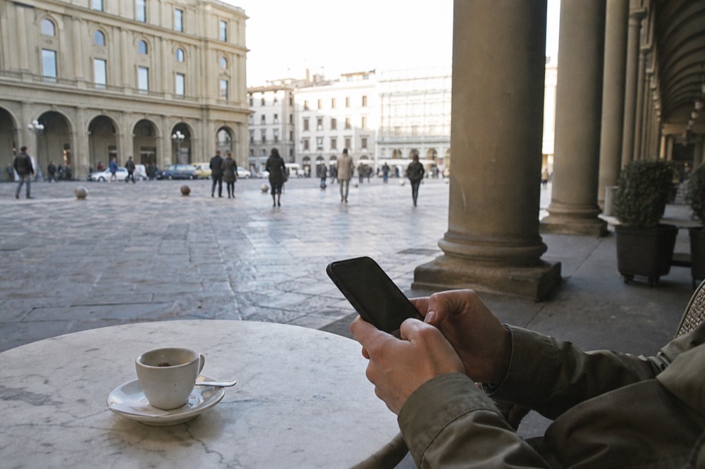 A traveller's hands holding a phone above a café table with a coffee cup