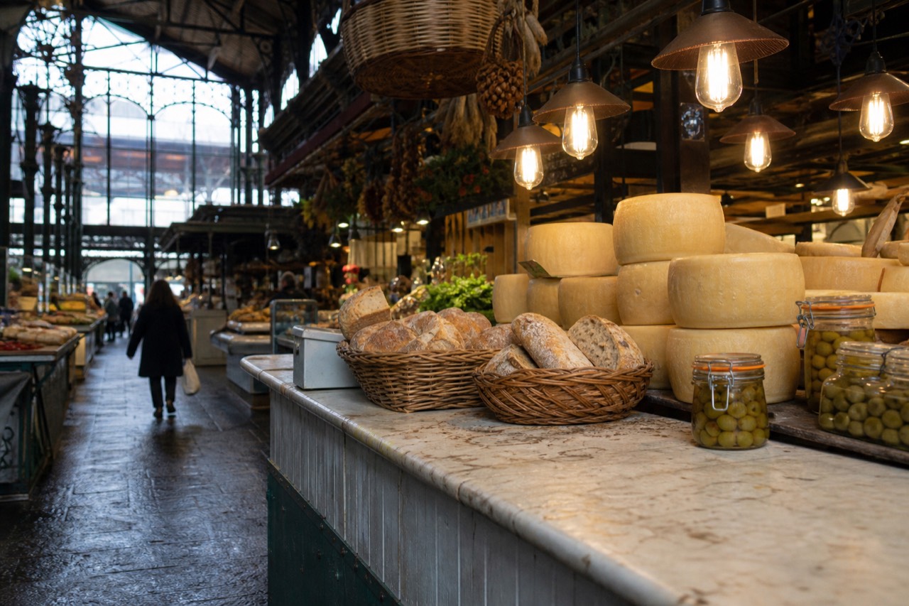 A market stall in Florence with wheels of cheese, baskets of bread and jars of olives under warm lights