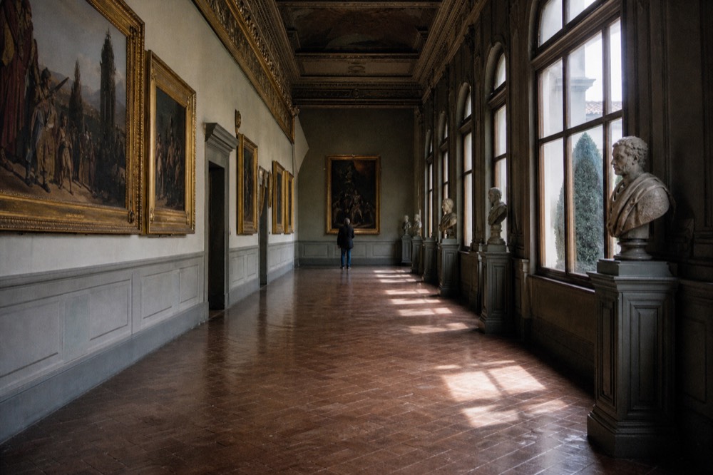 A gallery corridor with paintings and tall arched windows