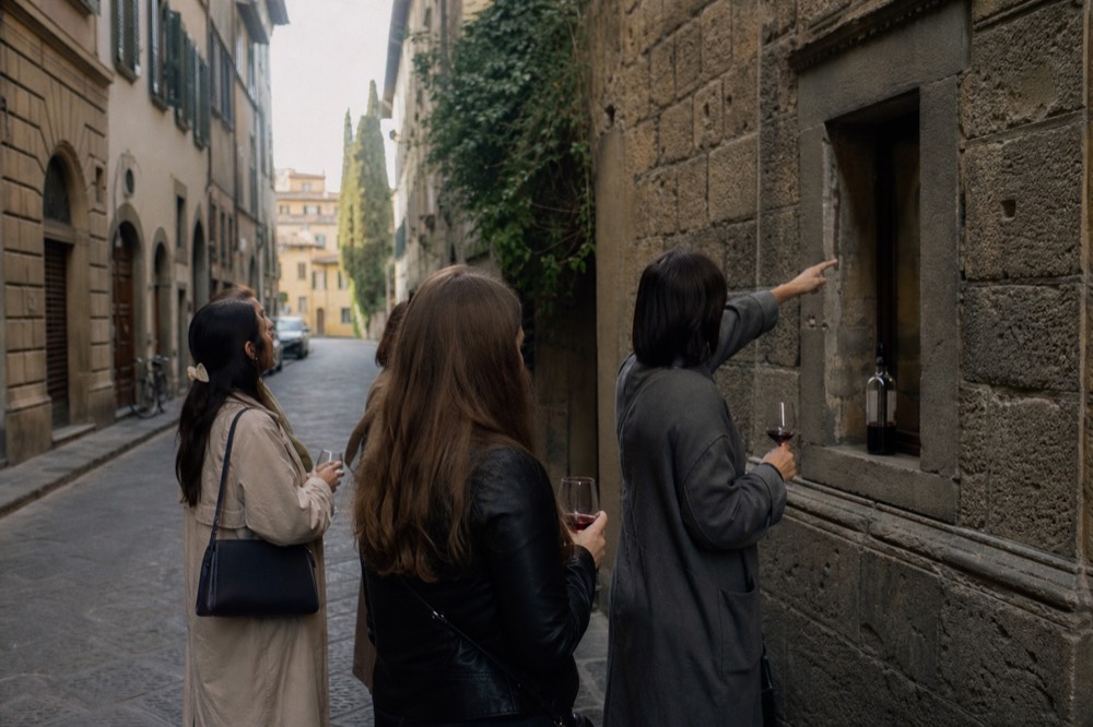 A guide in a Florence street pointing to a wine window set into a stone wall, with a small group listening and holding glasses of red wine