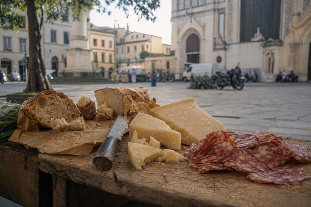 Wooden board of Tuscan cheeses, cured meats and bread on a market table