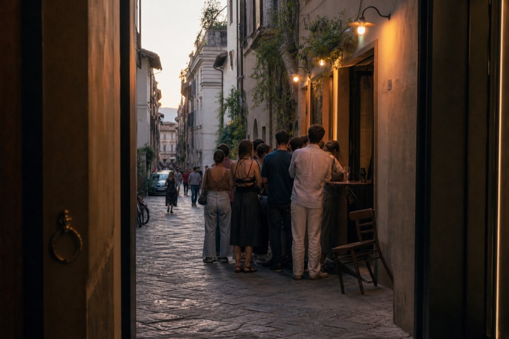 Evening crowd at an outdoor wine counter on a narrow lit Florence street