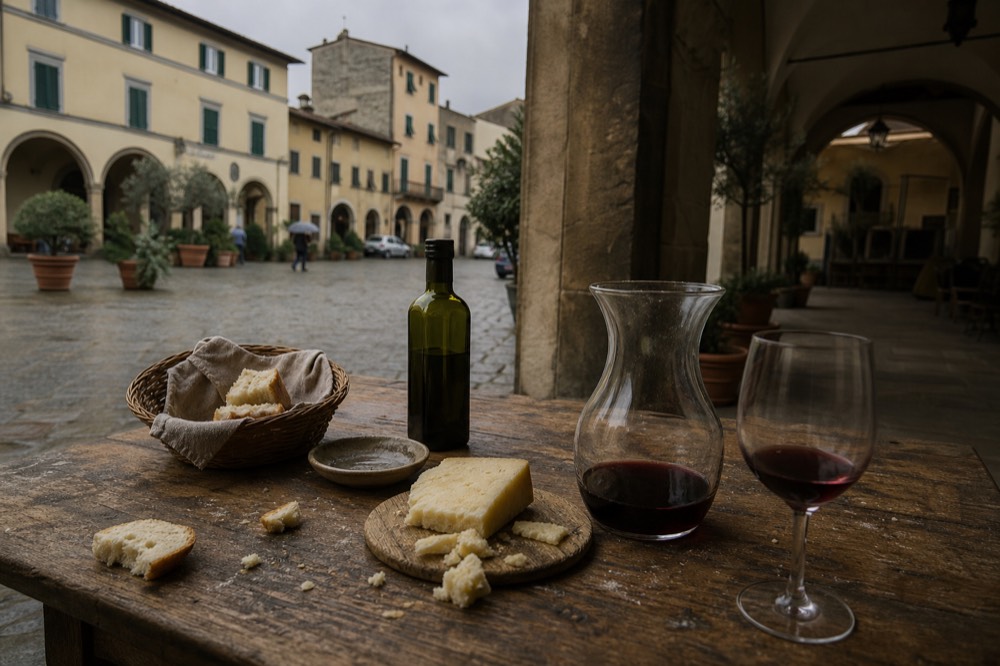 A rustic Tuscan table set with bread, olive oil, cheese and a carafe of wine