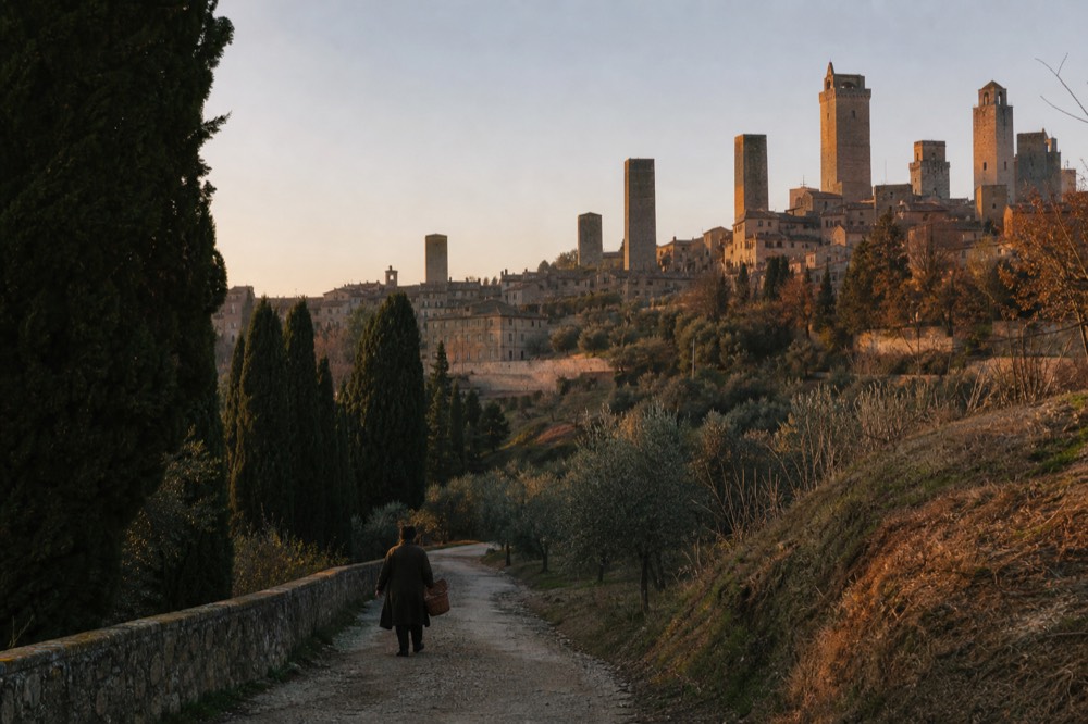 Hilltop Tuscan town with stone towers and cypress trees at golden hour