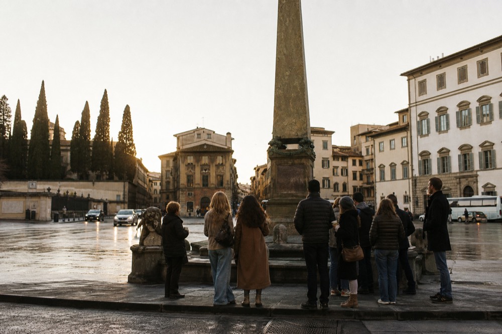 An obelisk in a Florence square with people gathered near the base in morning light